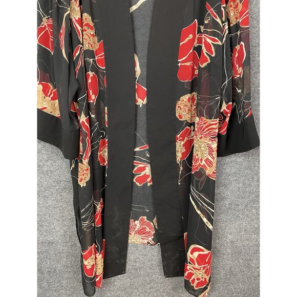 Kimono Duster Black Floral Print Open Front Lightweight OS Boho - Picture 3 of 12